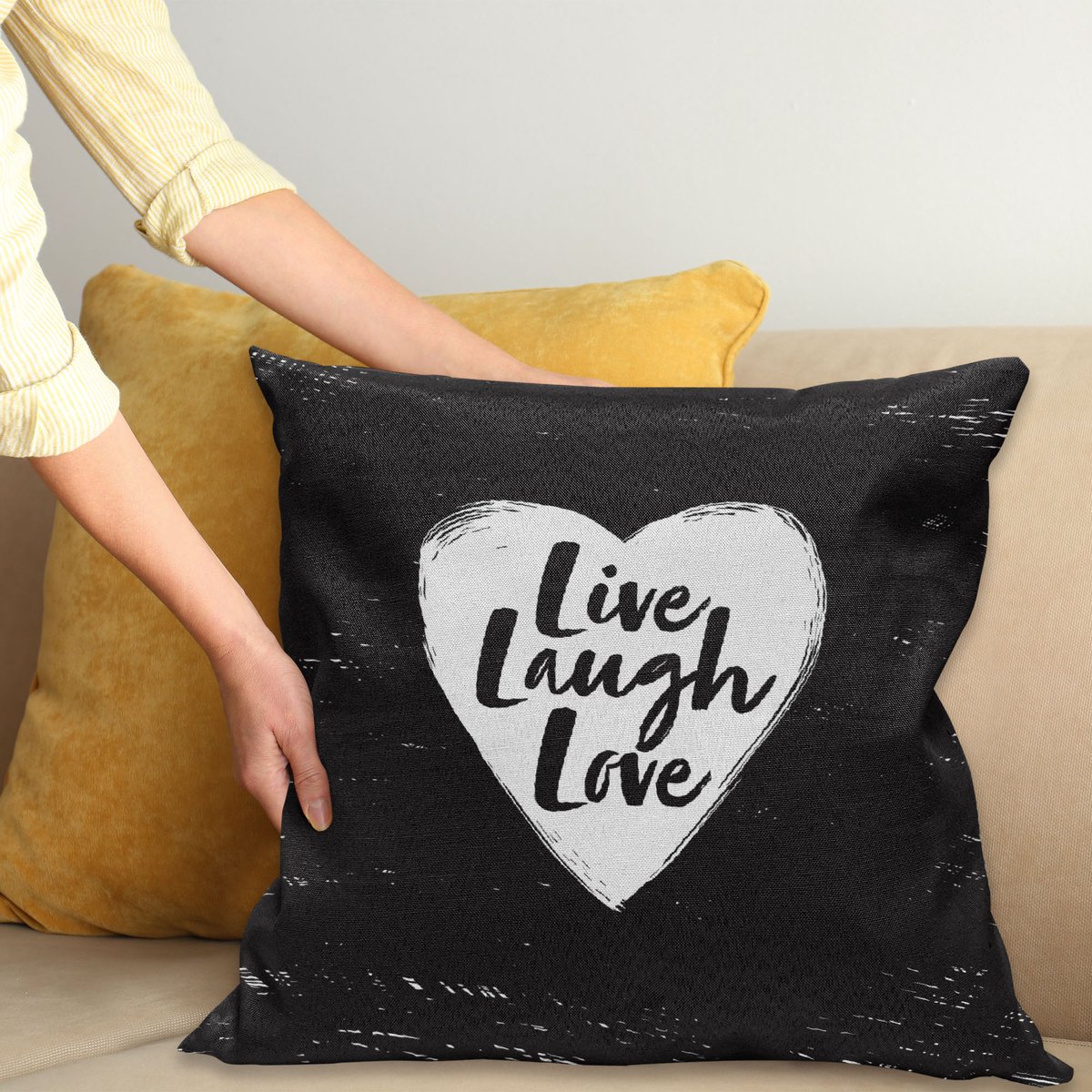 ABAKUHAUS Lebe lache Liefde Kussenhoes, Hart en Worte, Decoratieve Kussenhoes met Dubbelzijdige Print, Ritssluiting, Wasbaar, 45 x 45 cm, Wit Zwart