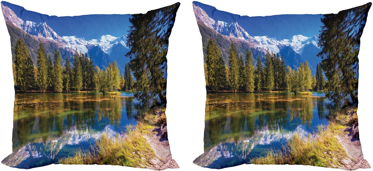 ABAKUHAUS Natuur Sierkussenhoes Set van 2, Snowy Alps See Pine, Modern Accent Dubbelzijdige Digitale Print, 40x40, Groen Wit Blauw