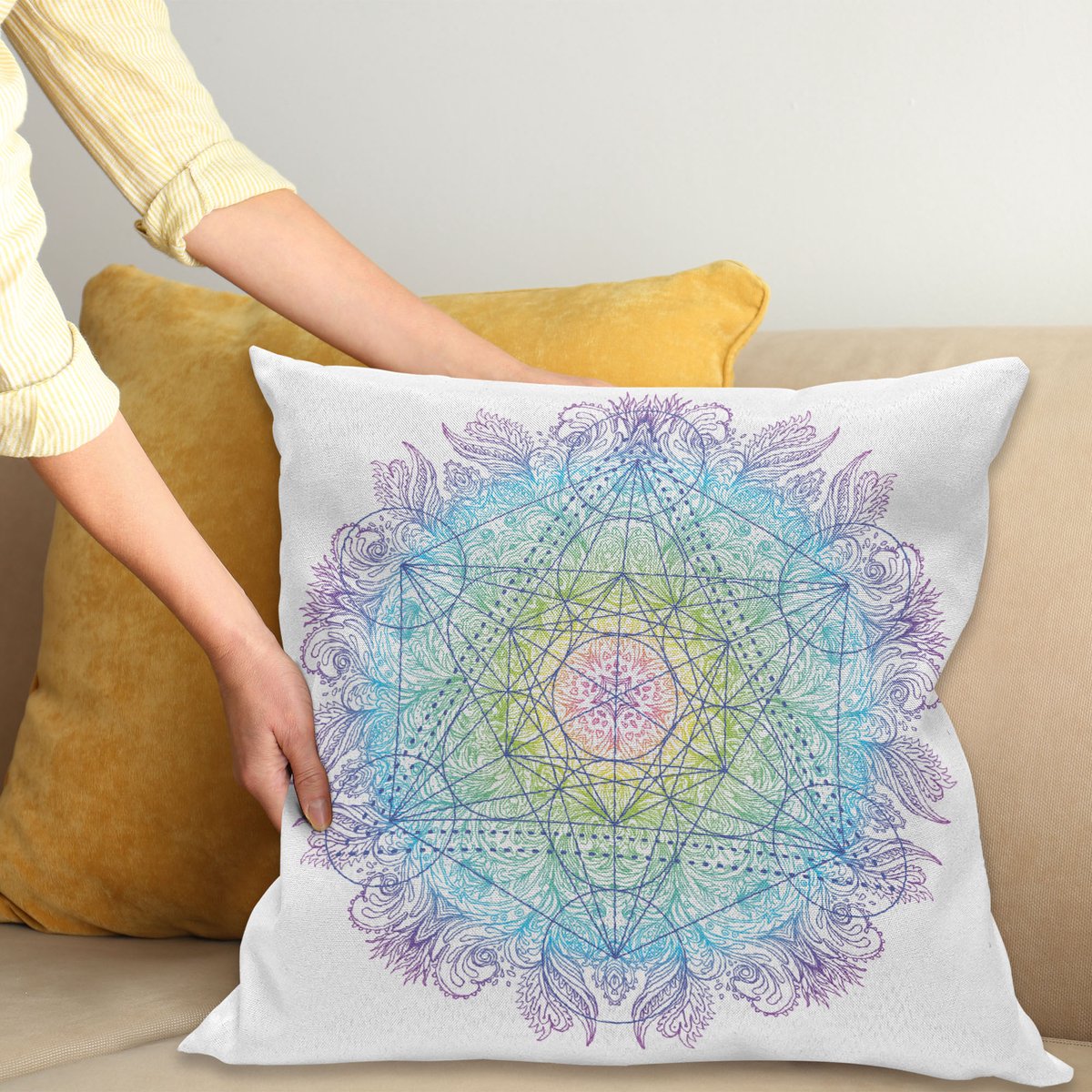 ABAKUHAUS Etnisch Kussenhoes, Metatron Würfel op einem Mandala, Wasbare Kussenhoes met Ritssluiting, Kleurechte Heldere Kleuren en Dubbelzijdige Print, 45 x 45 cm, Meerkleurig