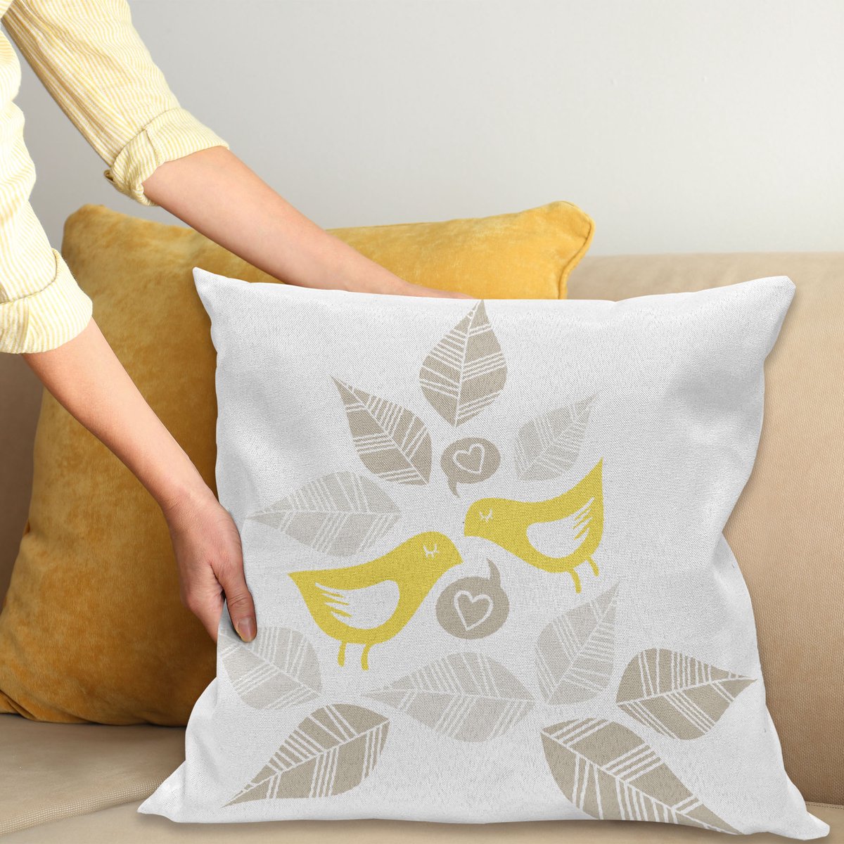 ABAKUHAUS Abstract Kussenhoes, Kunst Deco Vogels Bladeren, Kussenhoes met Dubbelzijdig Patroon, Heldere Digitale Print, Kleurecht, met Ritssluiting, 40 x 40 cm, Warm Taupe Geel Wit
