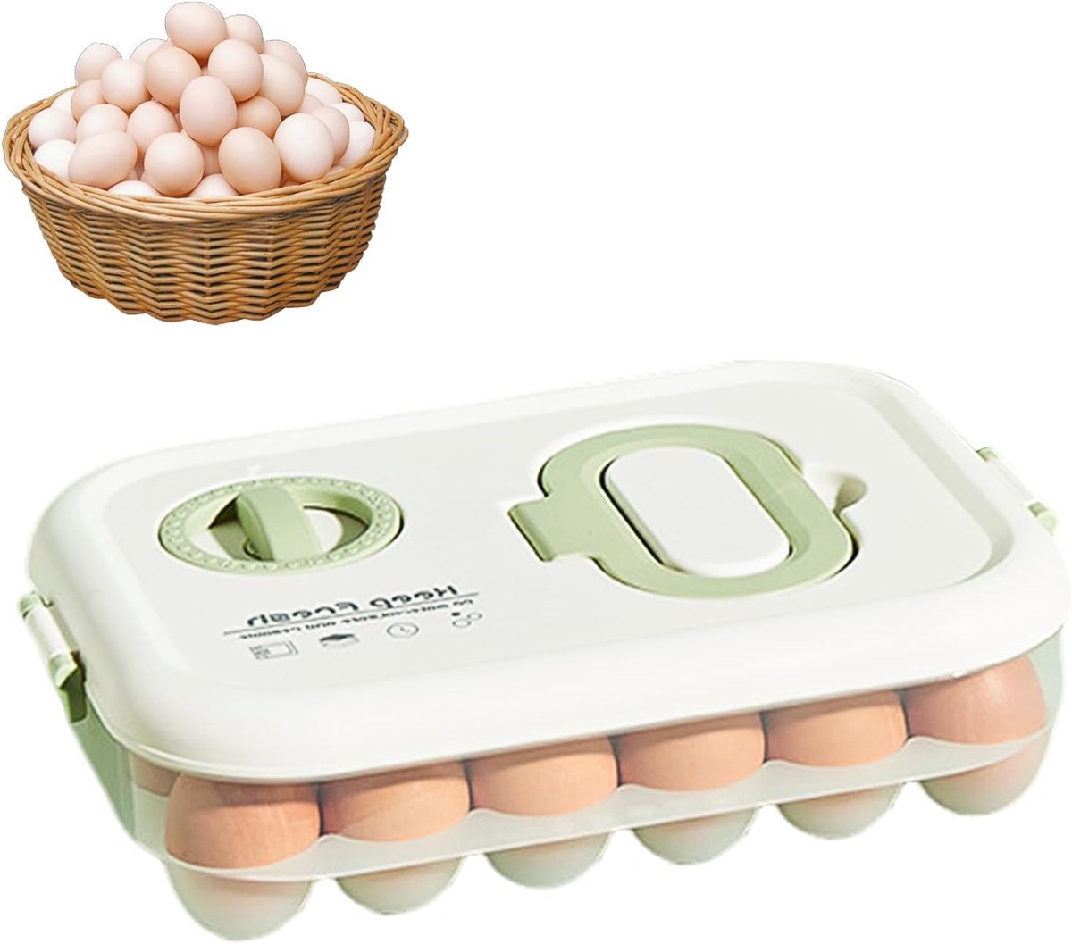 Eierhouder voor koelkast, kunststof eierbox met timer, 24 vakken, draagbare opbergdoos voor eieren, opbergdoos met deksel, voor keukenkoelkast, kast, eettafel