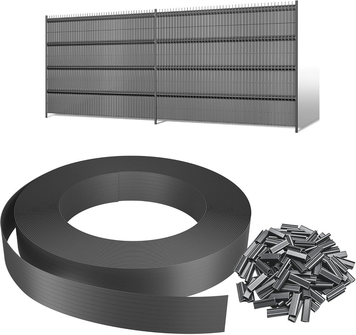 35 m x 4,7 cm zichtwerende strips voor dubbele staafmatten, pvc, inkijkbescherming, omheining, rol voor tuin, balkon, terras, grijs incl. 50 clips