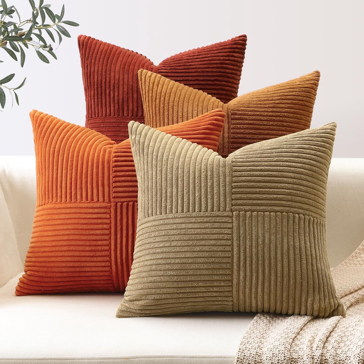 Famanu Set van 4 kussenslopen, kruis strepen patroon kussensloop sofakussen sierkussen patchwork design decoratieve sierkussenovertrekken kussenhoes voor woonkamer (50 x 50 cm) wit