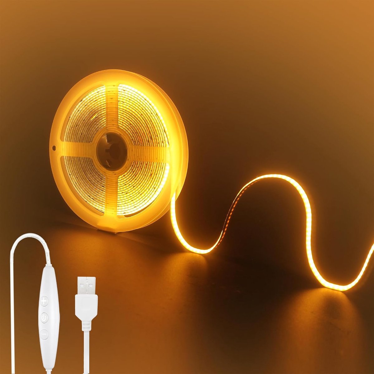 5V USB COB LED strip met dimbaarschakelaar, 6. 56ft /2M, oranje, 320led /M, 8mm breed, niet waterdicht IP20,1. 5m USB schakelkabel voor doe-het-zelf interieur