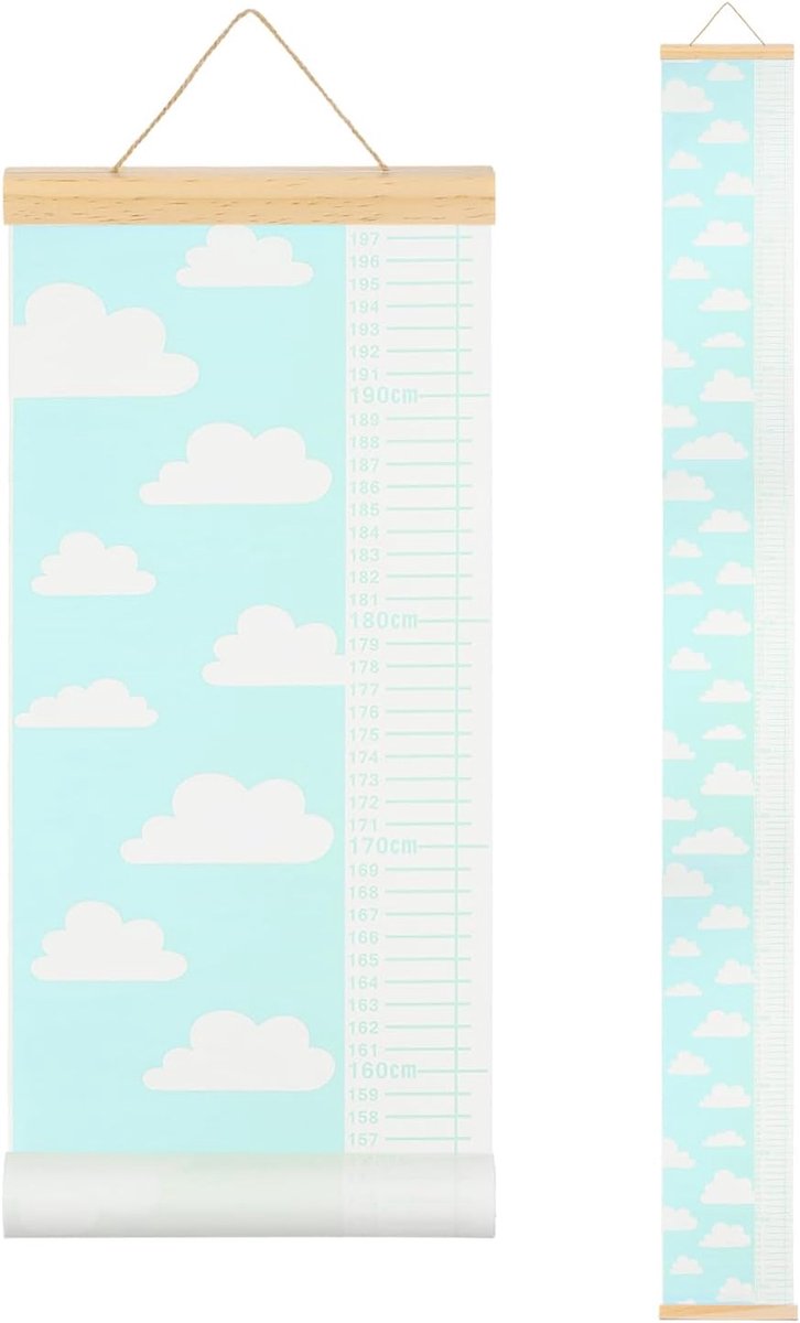 Groeitafel voor aan de muur, 195 x 20 cm, afneembaar canvas, hoogtemeter, hangende schaal voor slaapkamer, speelkamer, wanddecoratie (groen wolkendesign)