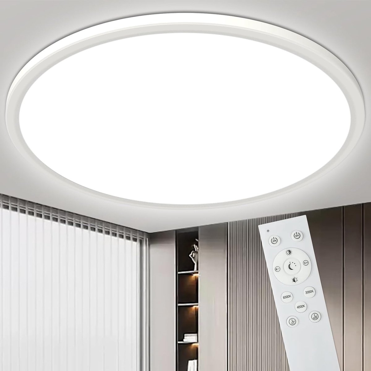39CM Plafondlamp LED, 36W ronde plafondlamp woonkamer 3000-6500K ultradun dimbaar, Waterdichte Badkamerlamp met afstandsbediening voor woonkamer slaapkamer kinderkamer keuken Kelder Kantoor