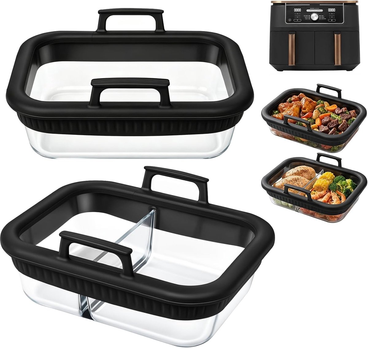 2 Stuks Glazen Ovenschaal voor Airfryer Geschikt voor Ninja AF400EU/AF500EU/DZ400EU, Hittebestendige Airfryer Glazen Bakvorm met Afneembare Siliconen Handgrepen, Vaatwasserbestendig