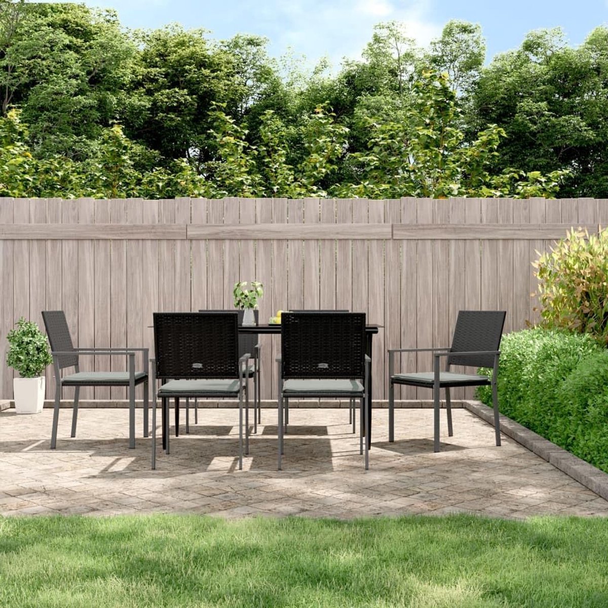 Tuinstoelen met kussens, 6 stuks, zwart, zitmeubel voor buiten, terrasmeubels voor terrassen, 54 x 62,5 x 89 cm, polyrotan