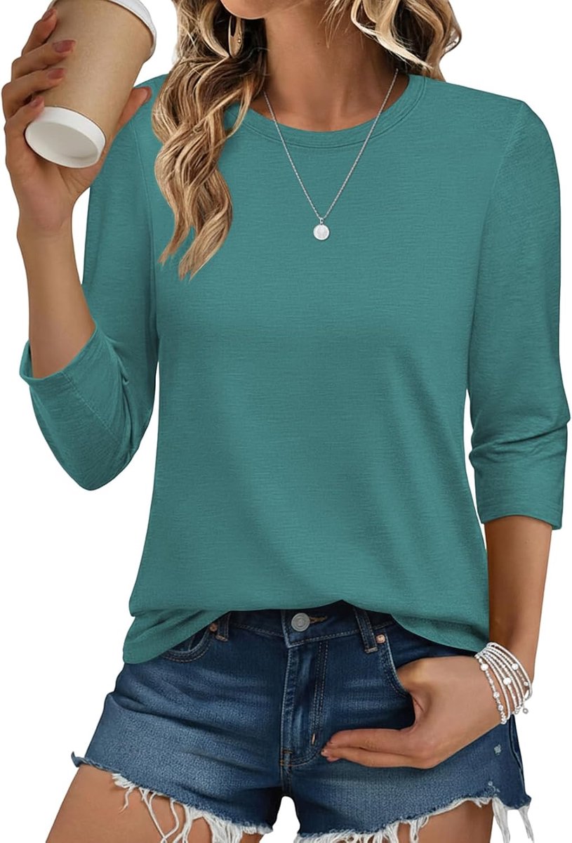 Damesshirt met lange mouwen, ronde hals, 3/4 mouwen, effen, basic, elegant T-shirt, zacht comfort, losse trui voor thuis, vrije tijd, onderweg