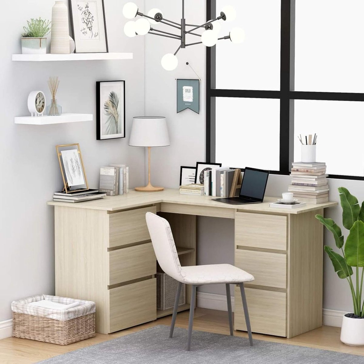 Hoekbureau met schuifladen, computertafel, werktafel, bureautafel, laptoptafel, kantoormeubel, pc-tafel, houtmateriaal, Sonoma-eiken, 145 x 100 x 76 cm