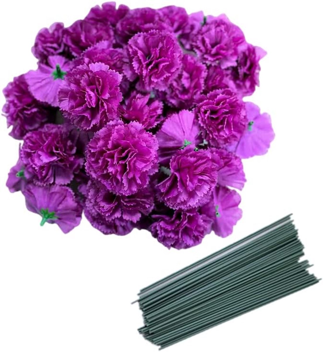 50 kunstmatige zijden anjer bloemhoofd met stengels set, vaasvullers, goudsbloem bloemhoofden voor Diwali Decor Dag van de Dode Krans Garland Cake Ornamenten, 5 cm bloemblaadjes hoofden met 20 cm