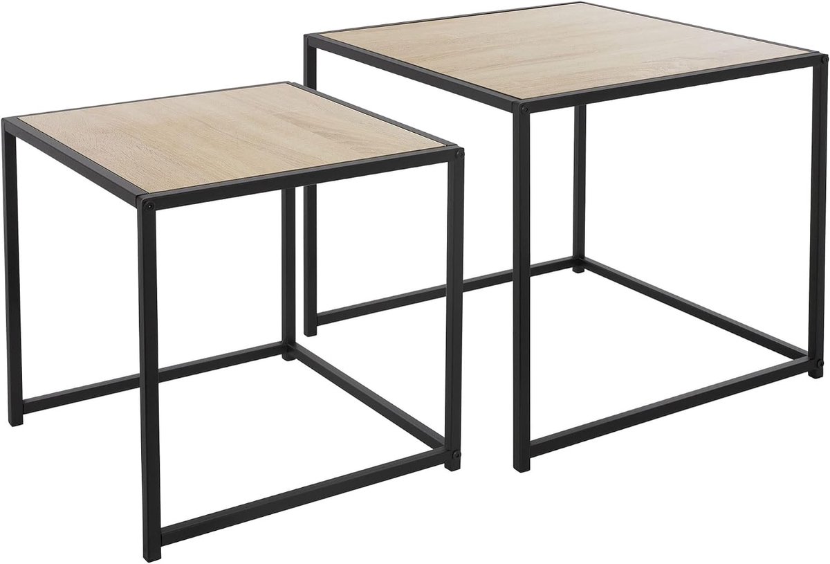 Bijzettafel set van 2 40x40x40cm/50x50x45cm, vierkant, zwart/eiken look, metalen frame, stapelbaar, salontafel set van 2 maten, 2 stuks woonkamertafels, sofa salontafels