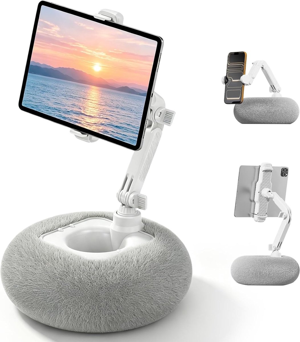 Kussen met snackdienblad, tablethouder 360 graden verstelbaar, iPad-houder, compatibel met tablets, Kindle en smartphones 4-11 inch, tabletkussen voor bed en bank, grijs