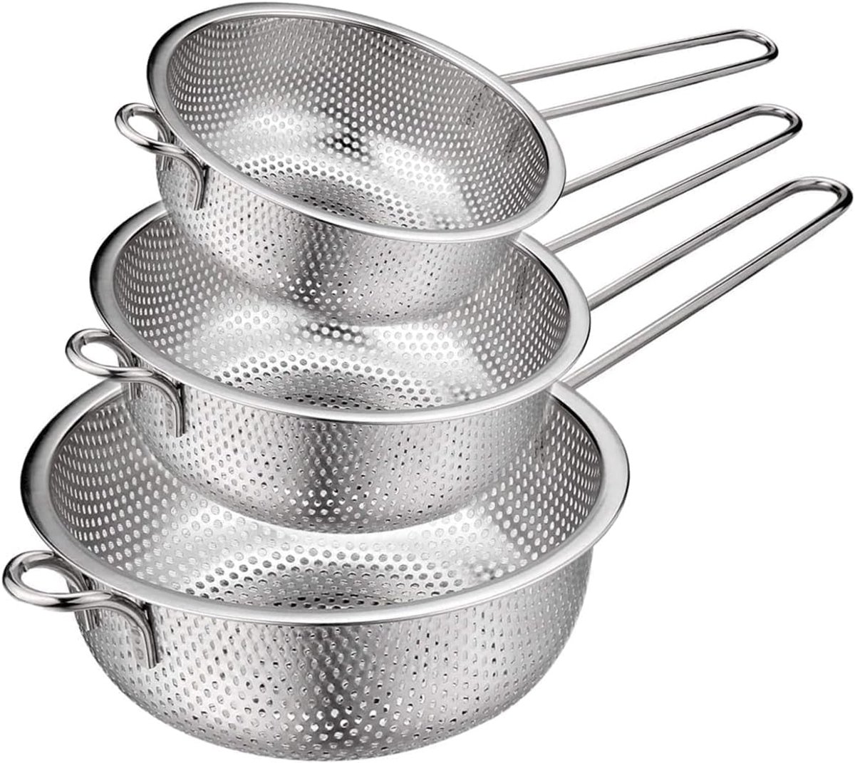 Keukenzeef met handvat, roestvrijstalen zeef met handvat, microgeperforeerde rijstzeef, pastazeef, roestvrij staal, set 3