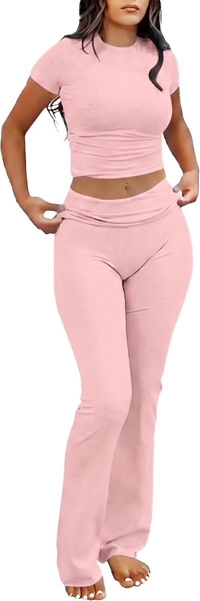 Dames-loungewearset, tweedelige outfit met croptop, met korte mouwen en broek met hoge elastische taille en wijde pijpen, co-ordset