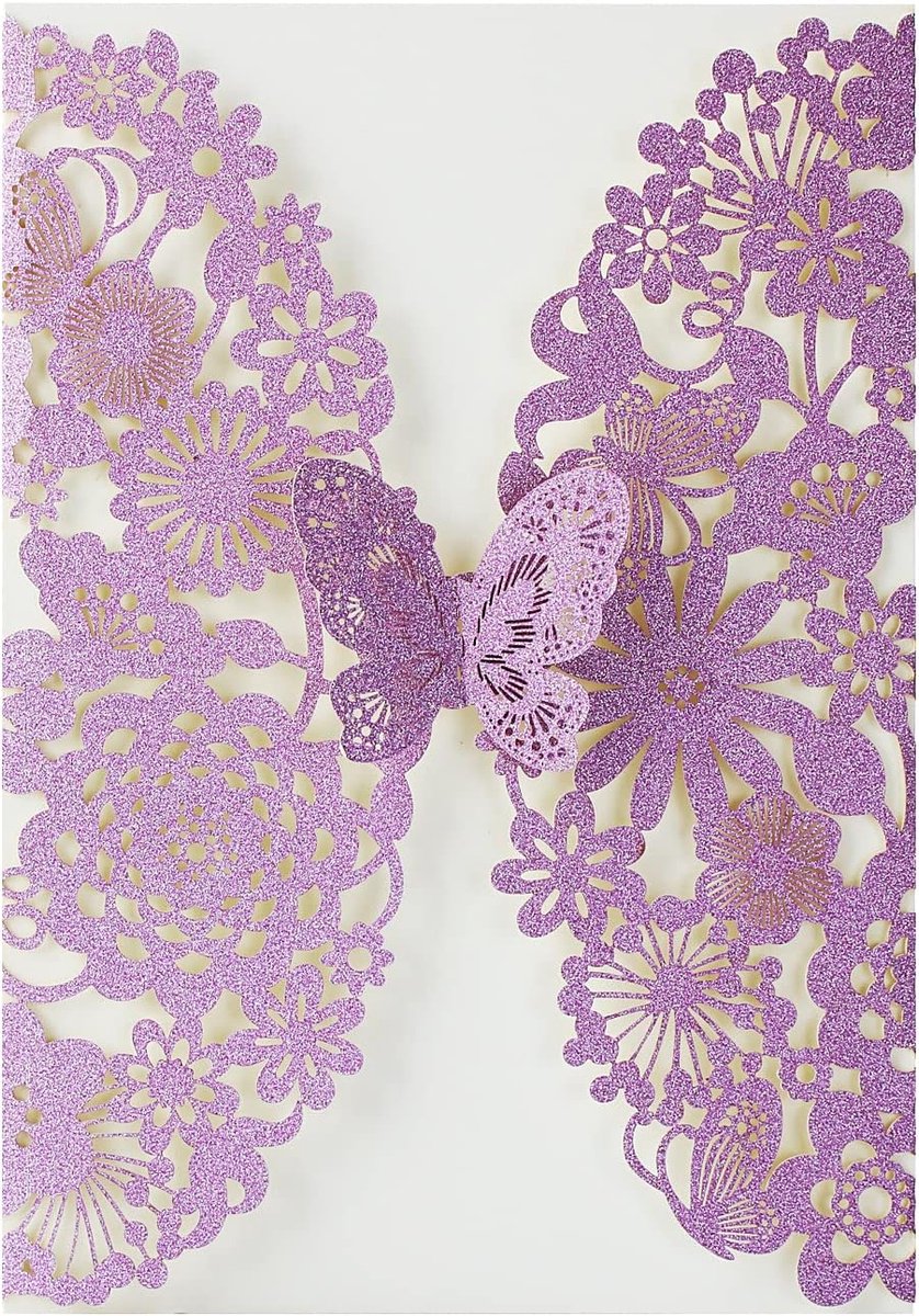 20 x violet glitter lasergesneden kant flora bruiloft uitnodigingskaarten met vlinder en enveloppen voor verjaardag, bruidsdouche, verloving, verjaardag, huwelijksuitnodigingen (20 stuks)