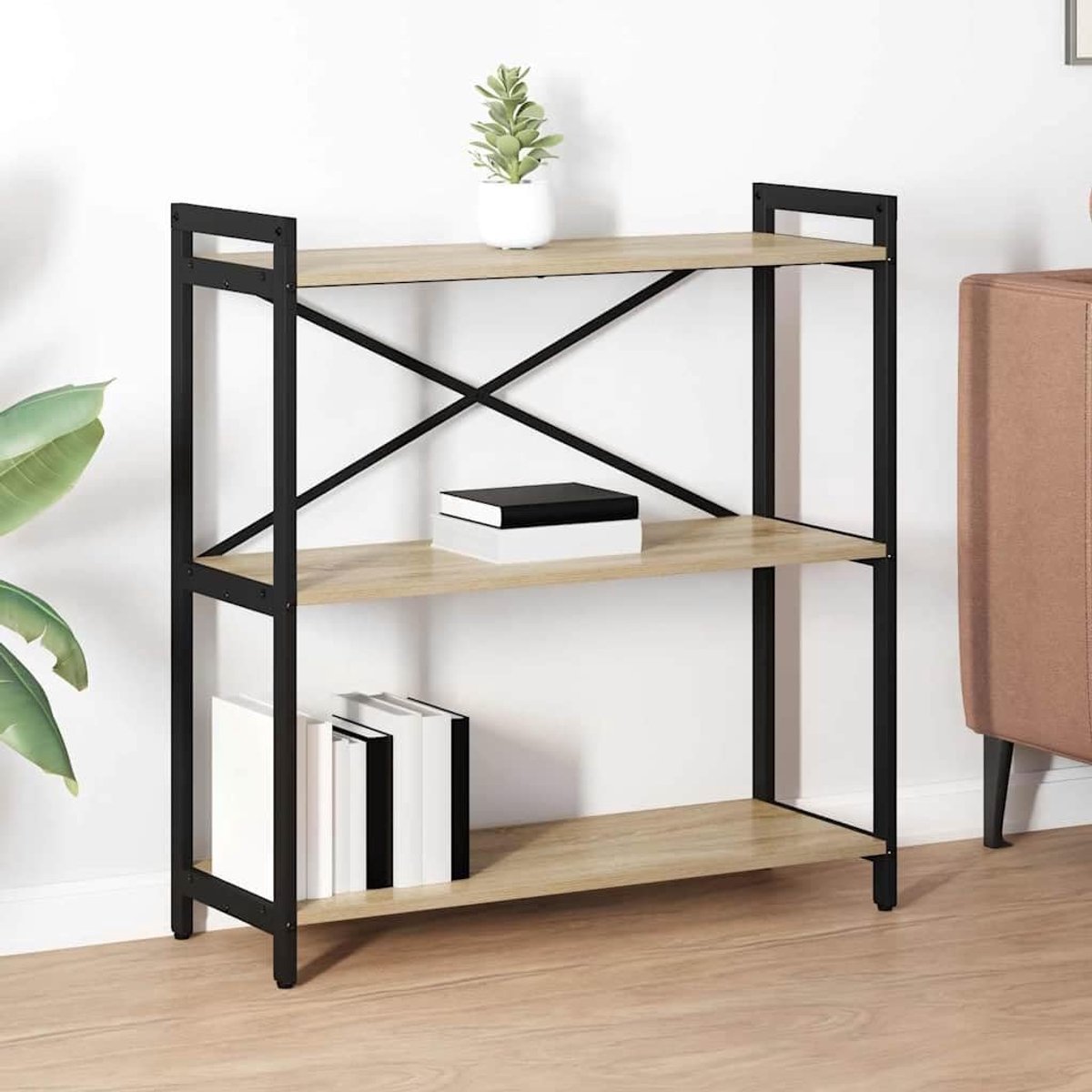 Rek van hout en staal met kruisstructuur, open planken voor het opbergen van boeken en decoratie thuis of op kantoor