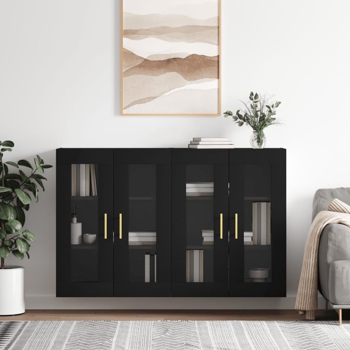 2 stuks zwart houtmateriaal hangkast opbergkast dressoir opzet montage glazen deuren vochtbestendig elegant robuust stabiel veelzijdig