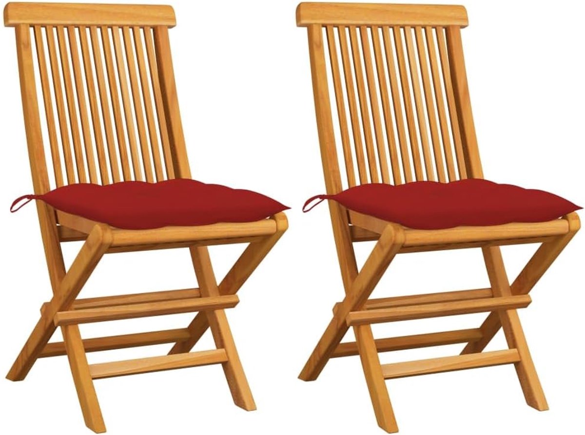Tuinstoelen met rode kussens 2 stuks. Massief teakhout, balkonstoelen, buitenstoelen, terrasstoelen, vrijetijdsstoelen voor terrassen, tuinen, terrassen