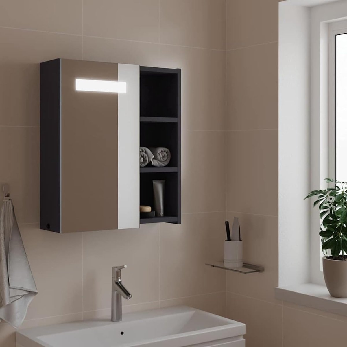 Spiegelkast met LED-verlichting, grijs, 45 x 13 x 52 cm, houtmateriaal, badkamer