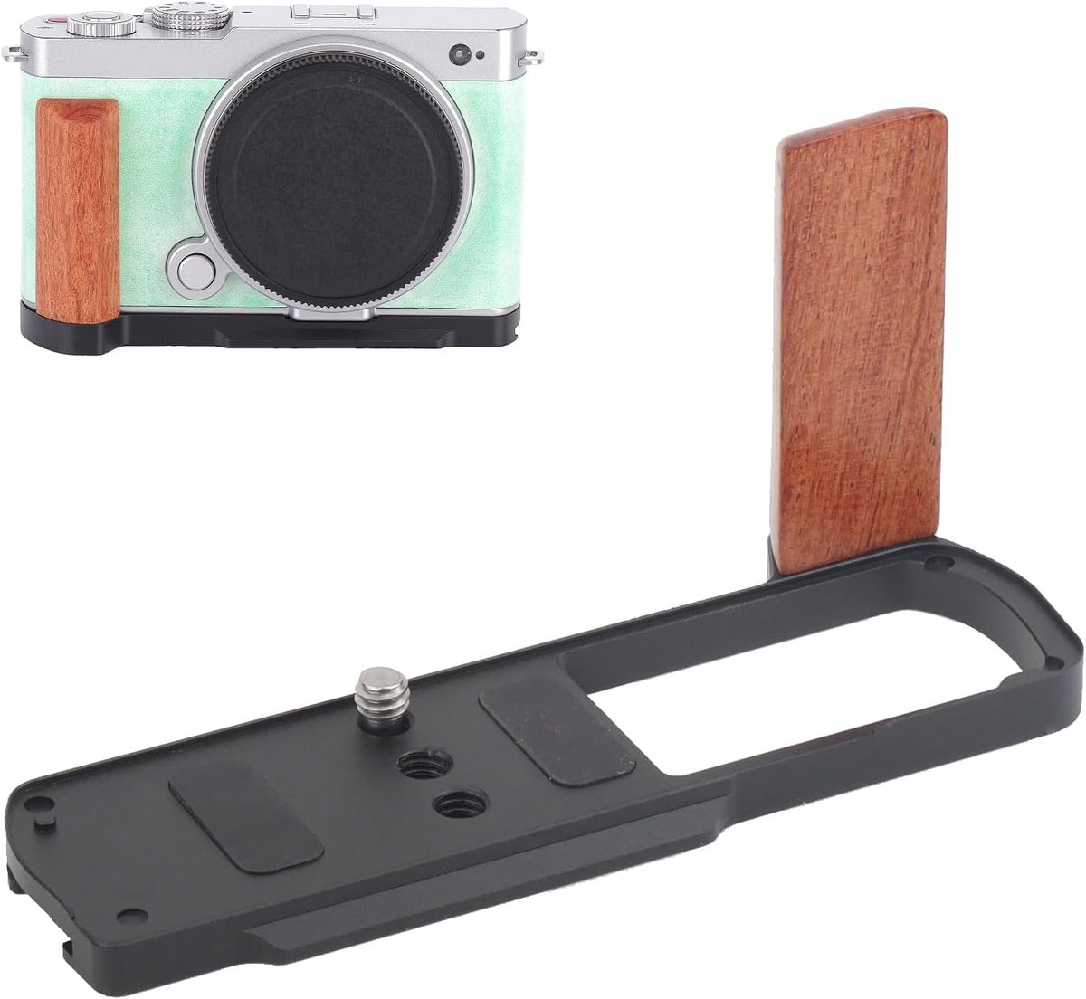 L-vormige metalen houder voor Panasonic LUMIX S9 camera, houten handgreep met Arca-type snelsluitplaat, geen blokkering van de jack-interfaces en vak voor