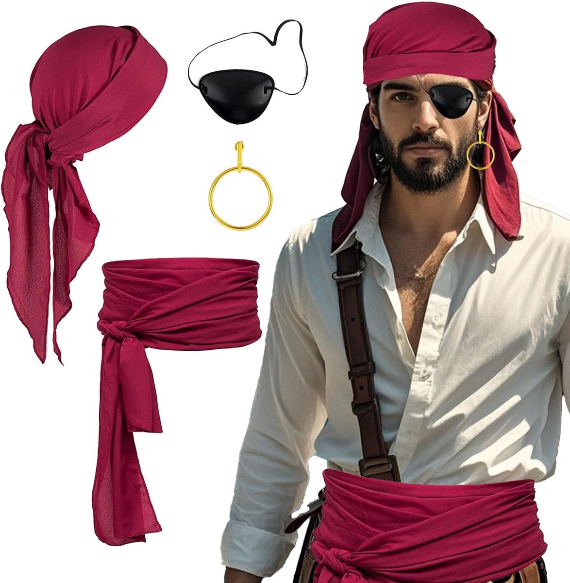 3 stuks piratenkostuum, piratenaccessoires, piratenkostuum met oogklep, hoofddoek, piratendoek, sjerp, vrouwen, mannen, piraat, captain Dress Up, set voor carnaval, Halloween, party