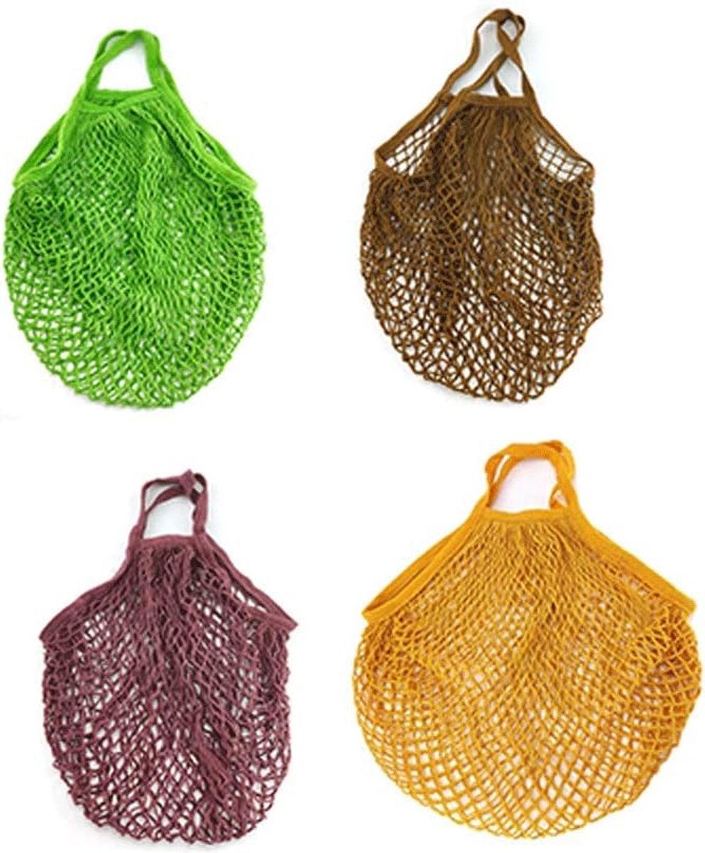 Set van vier kleurrijke mesh geweven mesh schoudertas herbruikbare fruit boodschappentas katoenen draagtas mesh boodschappentas tassen en manden |