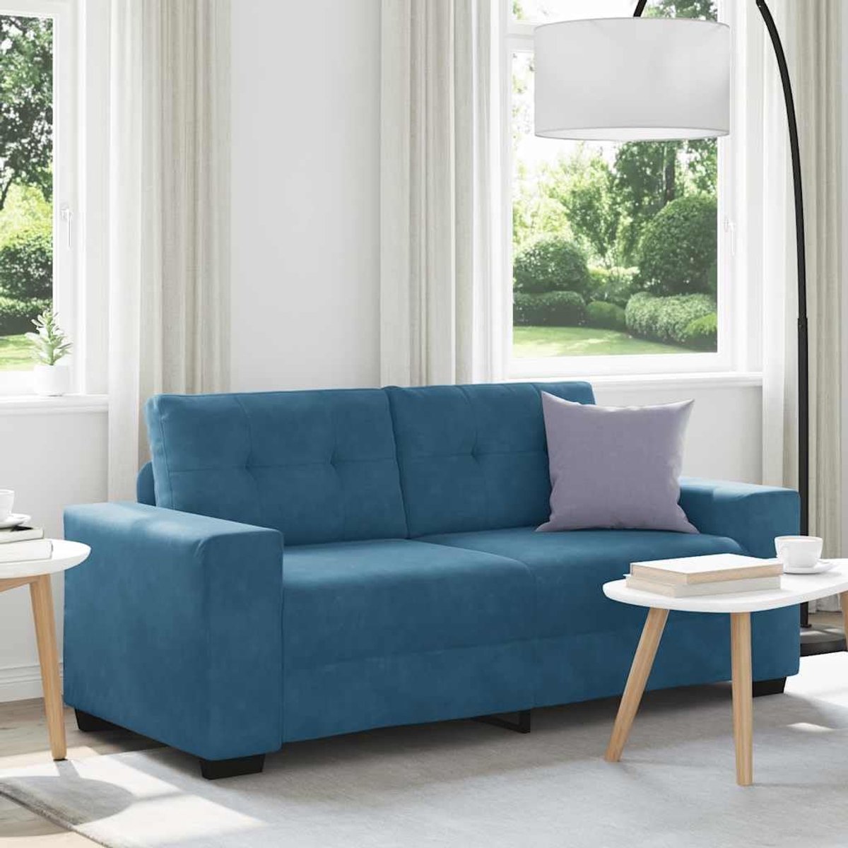 Blauw hedendaagse fluwelen bank voor woonkamer, ruime zitbank met houten frame 140 cm fluweel