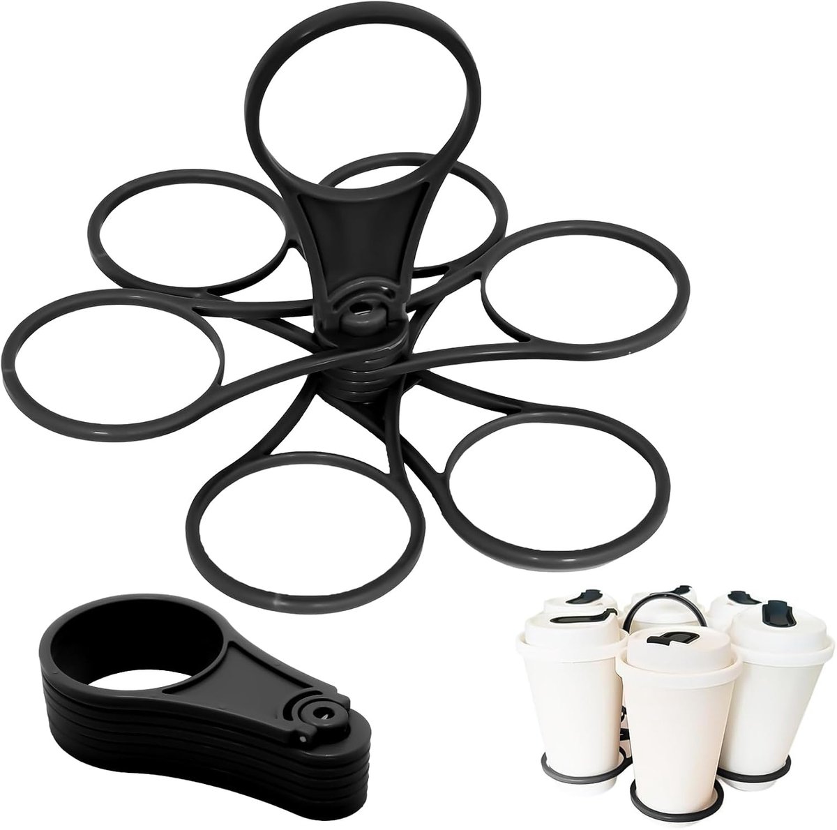 Drankendragers met handvat, bekerhouder voor 6 bekers, bekerhouder, festival, inklapbare bekerhouder, herbruikbaar, voor festivals, sportevenementen en concerten, 2 stuks (zwart)