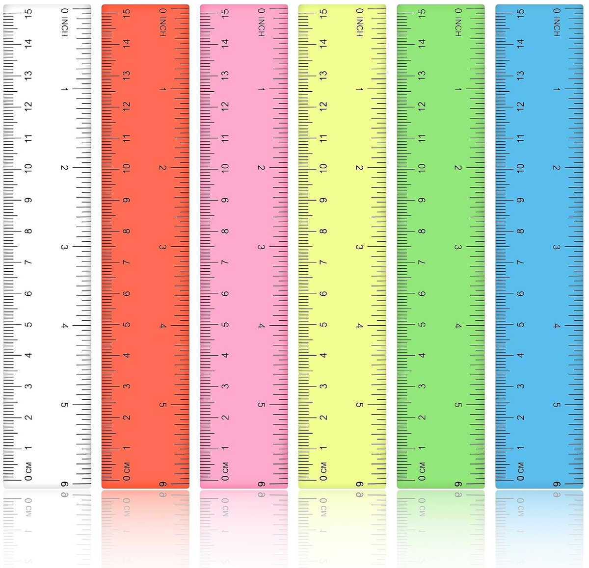 Linialen, kleurrijk, transparant, 15 cm, liniaal, precisie, meetgereedschap met metrische en inch-schaal, voor thuis, school, kantoor (rood, geel, blauw, groen, wit, rozenrood)