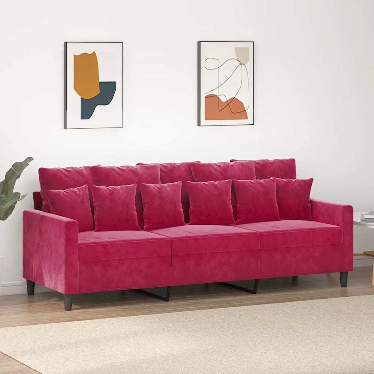 3-zitsbank, wijnrood, 180 cm breed, fluwelen bekleding, zachte velours bank met metalen frame voor stabiliteit en comfort