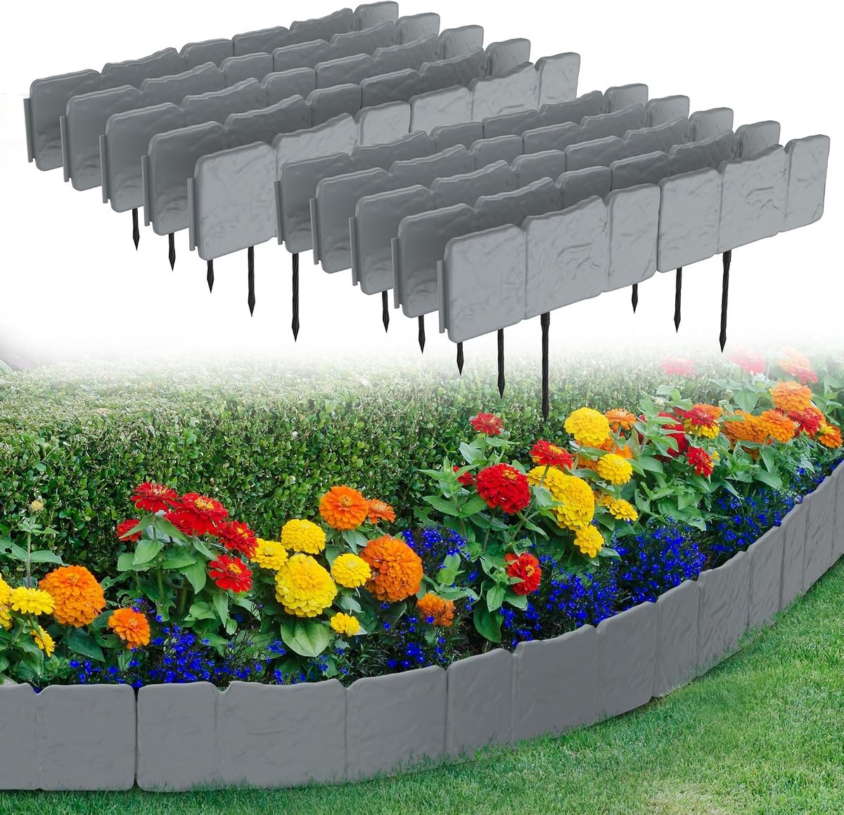 Steenlook, 2,5 m, kunststof, bloembedrand met grondpennen, flexibele gazonrand, tuinpalissade voor bloembed en paden, 10 stuks, grijs