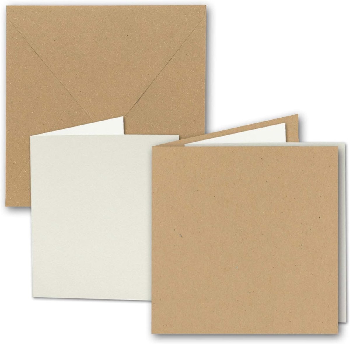 Set van 25 vierkante vouwkaarten van kraftpapier in zandbruin 15,7 x 15,7 cm - dubbele kaarten met enveloppen en inlegvellen van gerecycled papier - serie Milieu