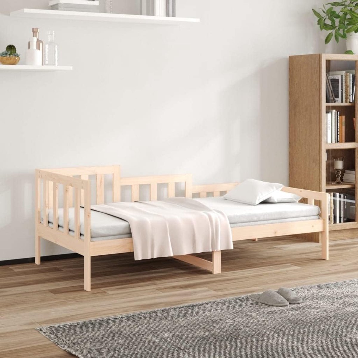 Grenenhout slaapbank zonder matras 90x190 cm – 3-zijdig bedhek met gelat lattenbodem multifunctionele logeerbed voor woonkamer en slaapkamer extra opbergruimte onder bed – stabiel logeerbed