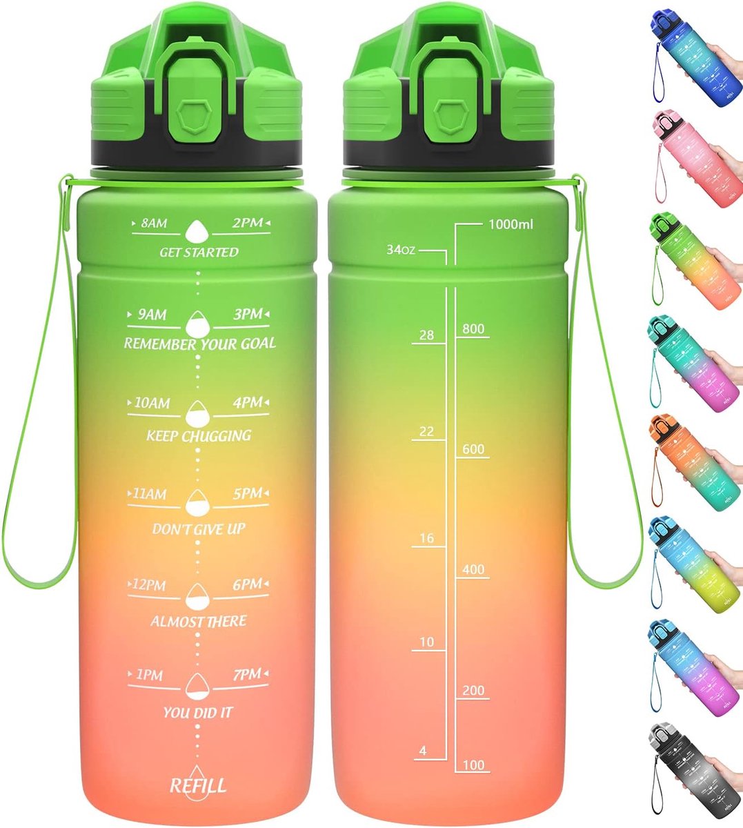 Sportwaterfles 2 l, 1,5 l, 1 l, 700 ml, 500 ml, lekvrij, motiverende waterfles met tijdmarkering, BPA-vrije Tritan drinkfles voor school, gym