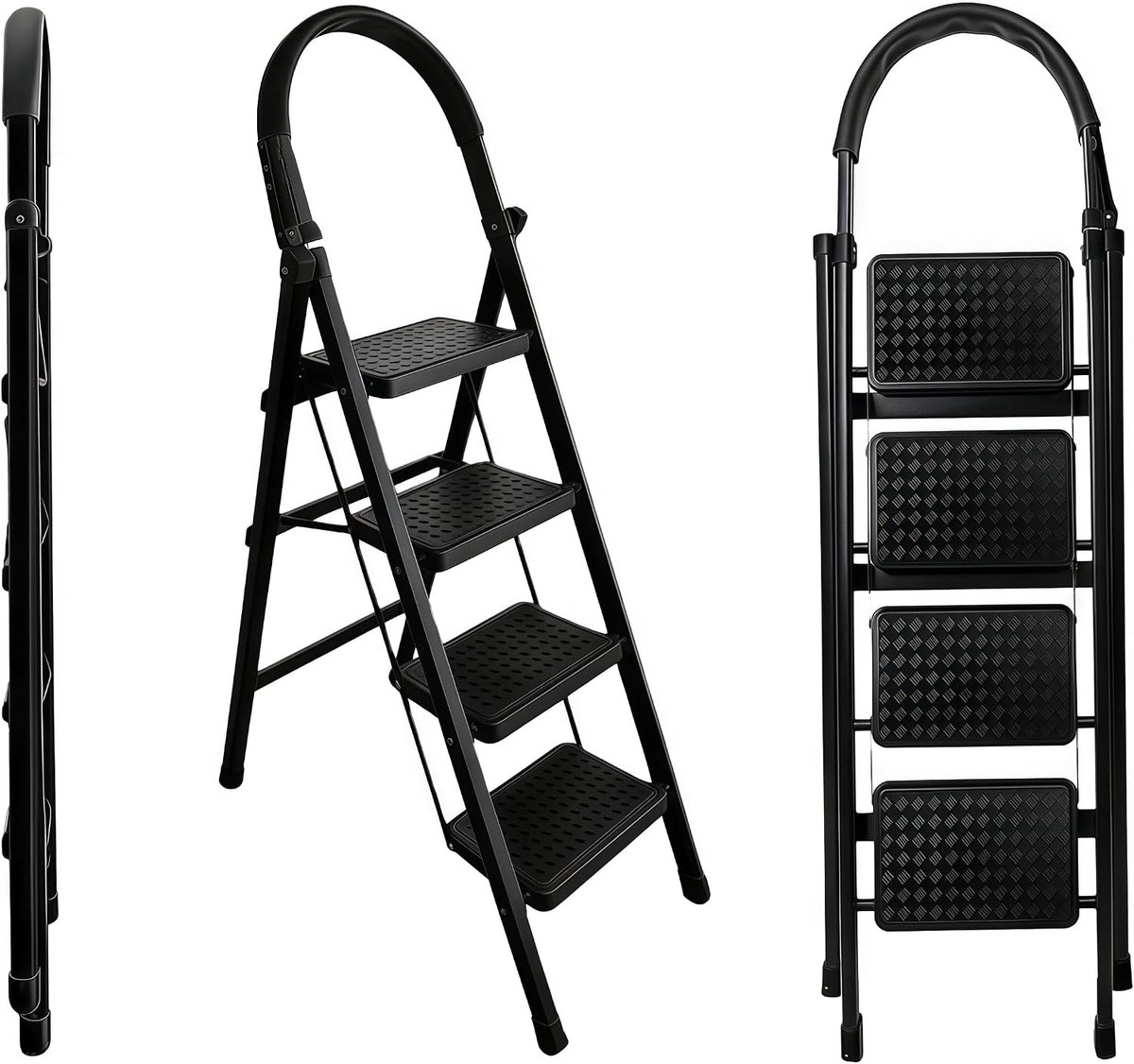 Ladder met 4 treden van koolstofstaal, ladder met 4 treden met veiligheidsvergrendeling, inklapbaar, breed antislip stavlak, voor keukenladder, draagkracht 150 kg, wit en zwart