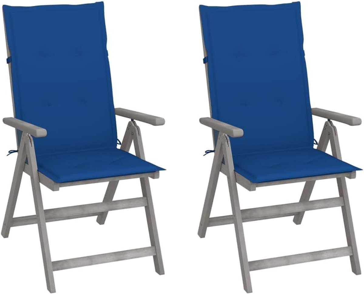 2 stuks opvouwbare tuinstoelen met kussens, massief acacia grijs, rugleuning 5 posities, waterdichte polyester kussens, maximale belasting 110 kg