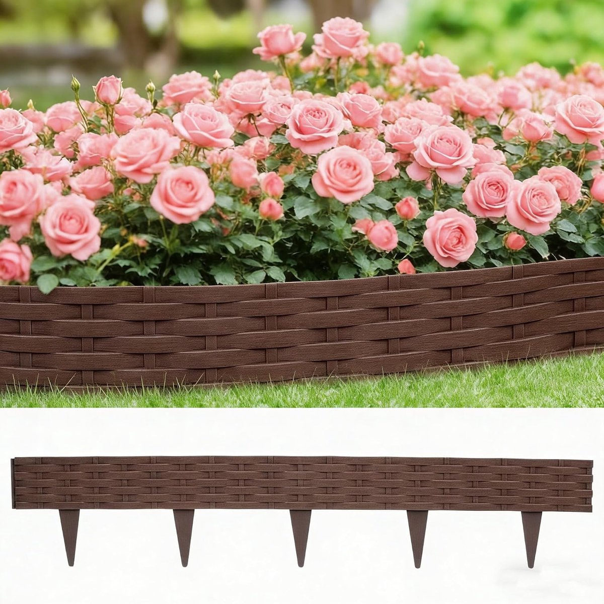 Gazonrand, kunststof, 20 m, rotan-look, bloembedomranding, buigbare maairand, bloembegrenzing, flexibel voor de tuin, gazonranden, 1 element 100 x 20 cm (20 stuks, bruin)