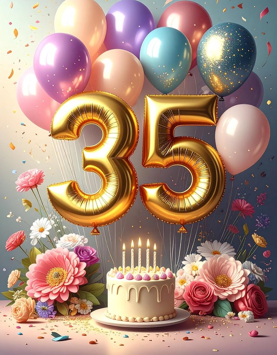 Verjaardagskaart 35 jaar voor man of vrouw, ballonnen en taart