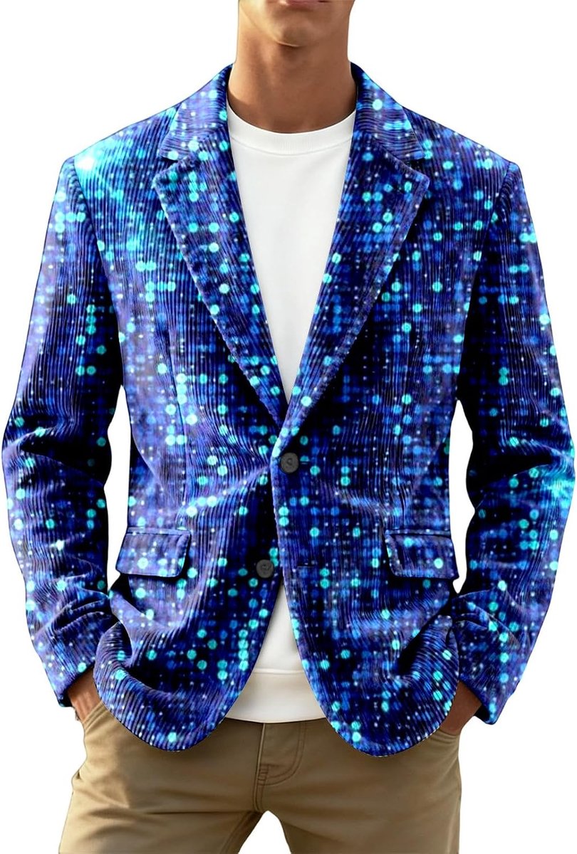 Corduroy jas met pailletten, carnavalsstijl, bedrukt met pailletten, ideaal voor feestjes en verkleedpartijen.