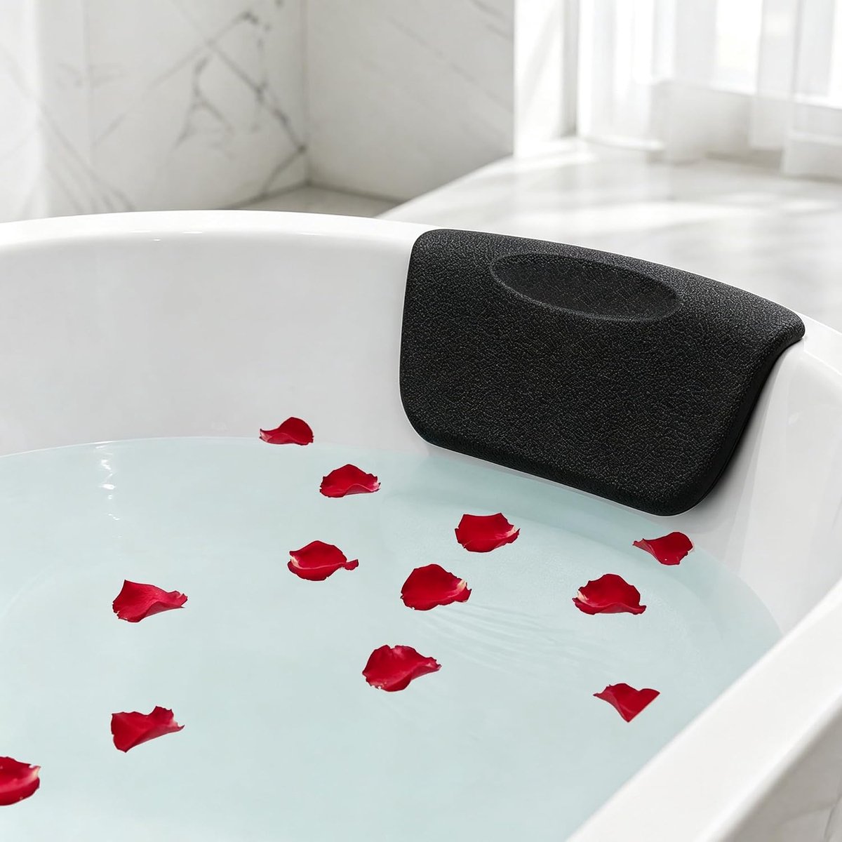 Badkussen, Hoofdsteun voor Badkuip, Ergonomisch Badkussen met 2 Extra Sterke Zuignappen, Antislip, Badaccessoires voor Hoofd, Nek en Rug, Zwart
