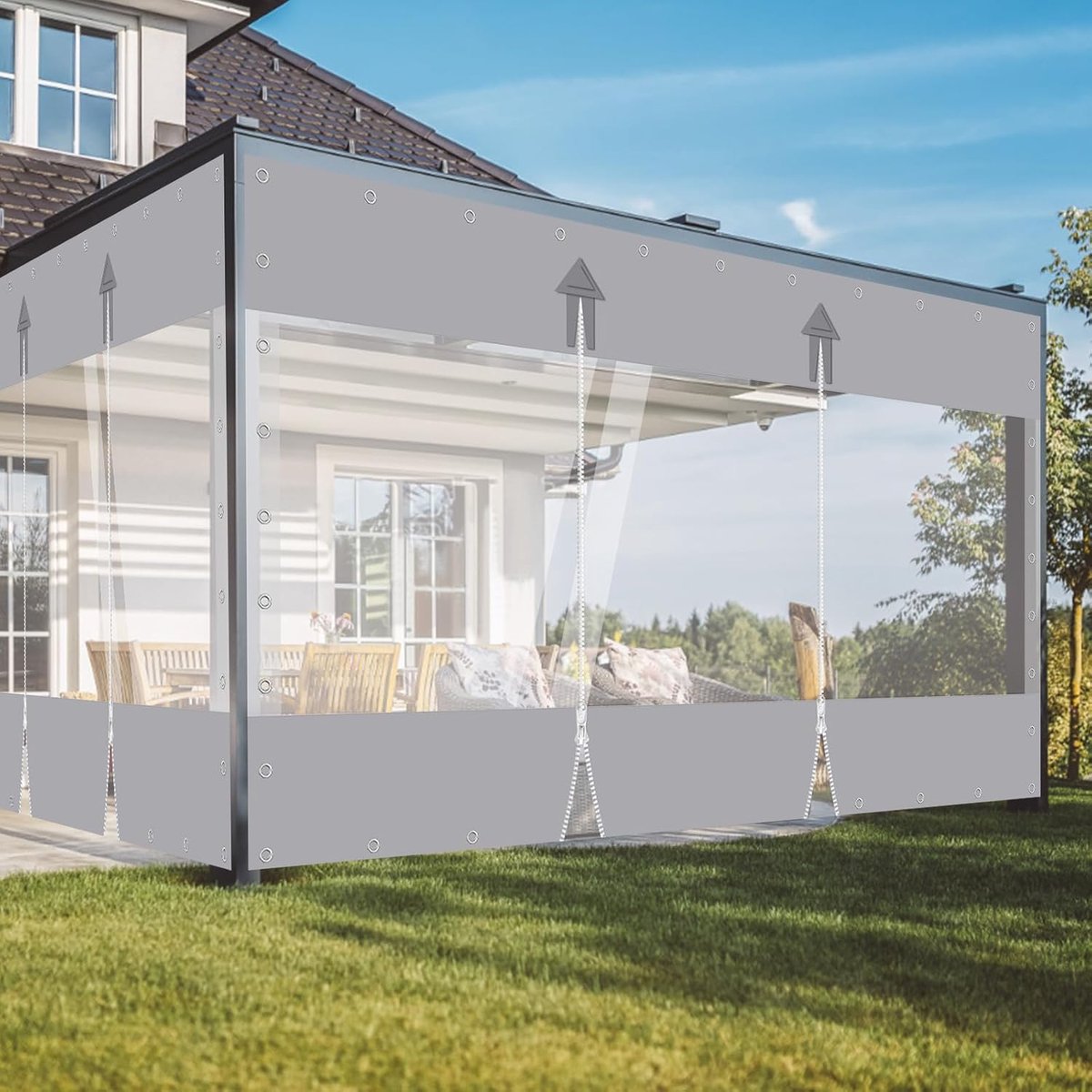 Outdoorgordijn met ritssluiting, 650 g/m², met 30 mm ogen, transparant gordijn, waterdicht zeil, scheidingsgordijn voor buiten, garage, veranda, pergola