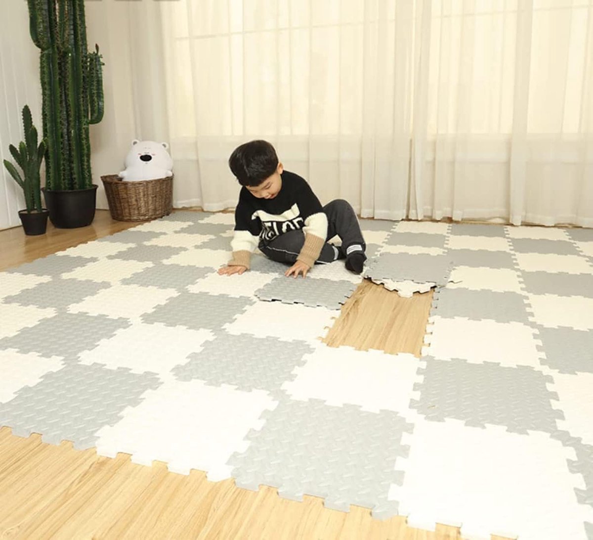 Puzzelmat Krabbelmat Kinderspeelmat Spelmat antislip Vloerbeschermingsmat 30 x 30 x 1,2 cm, Trainingsmatten Yogamatten Wit + Grijs