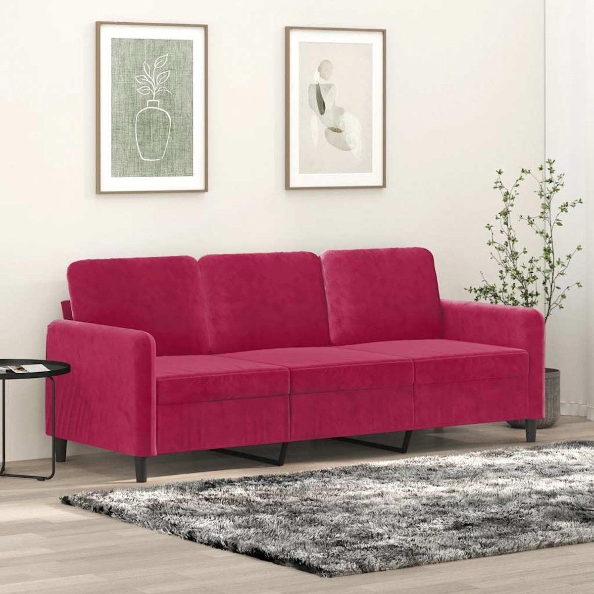 3-zitsbank, wijnrood, 180 cm breed, fluwelen bekleding, zacht velours, robuust metalen frame voor stabiliteit, comfortabel zitkussen met dikke bekleding, modern design