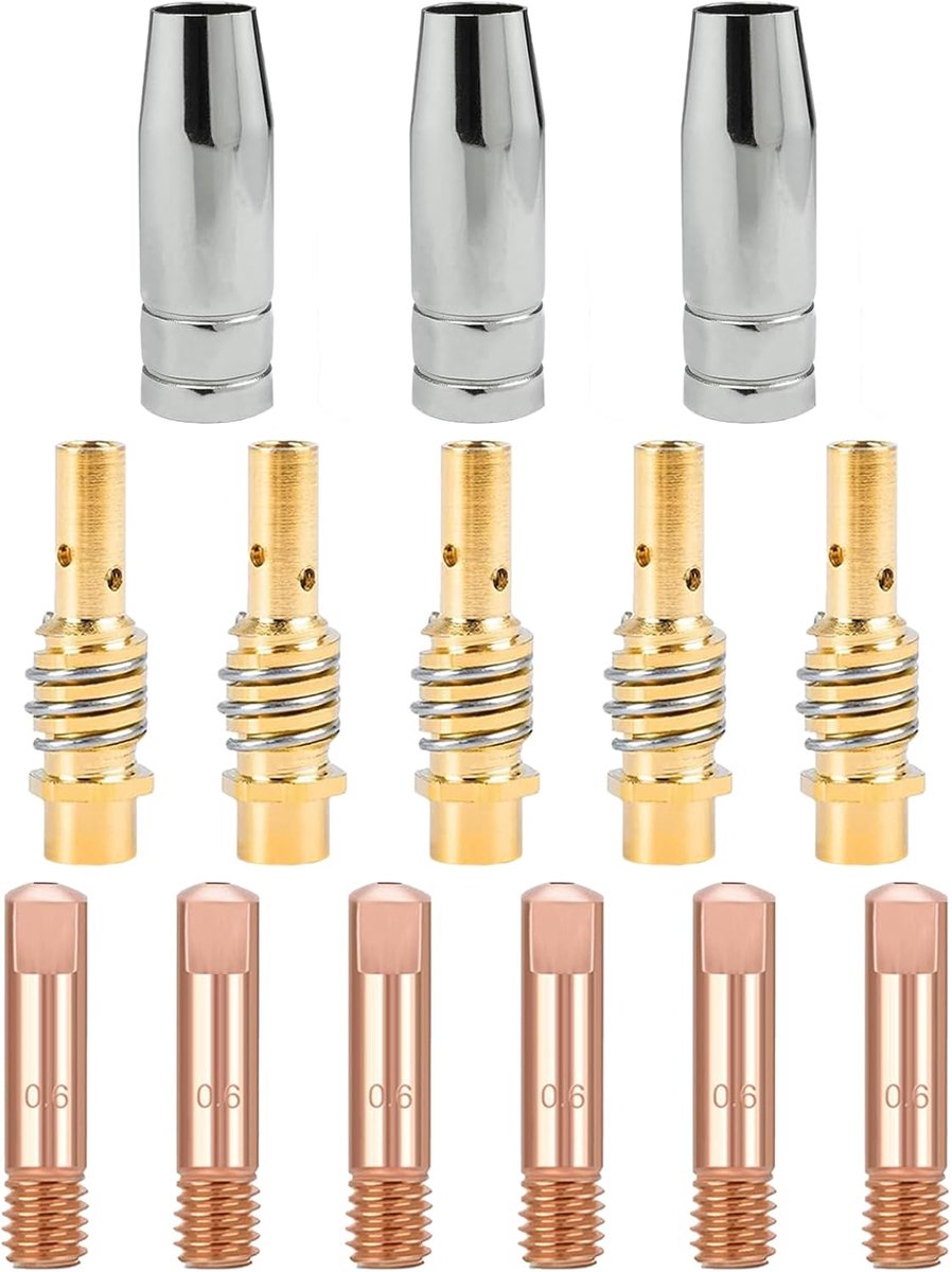 14 stuks accessoires voor MIG/MAG lasapparaat, set van verbruiksmaterialen, 6 contactpunten 0,6 mm M6, 5 diffusorpunten, 3 gasmondstukken voor het lassen AK-15/MB-15