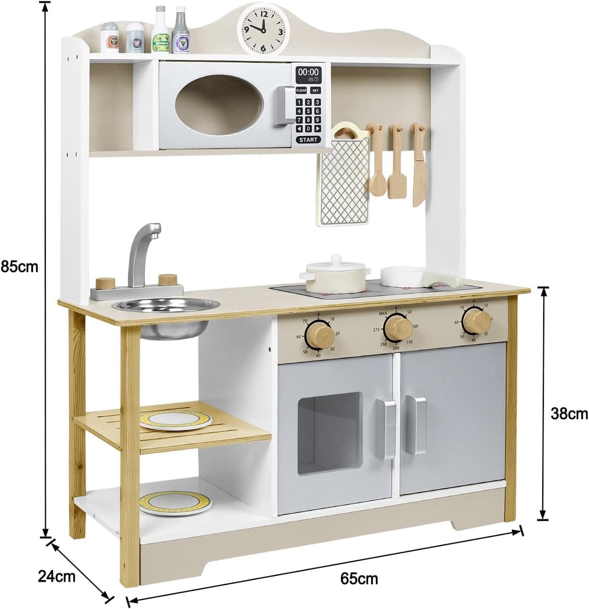Speelgoedkeuken hout, houten keuken met keukengerei incl. 14 speelgoed voedings- en kookgerei accessoires, speelgoed voor kinderen jaar, 68 x 26 x 78 cm
