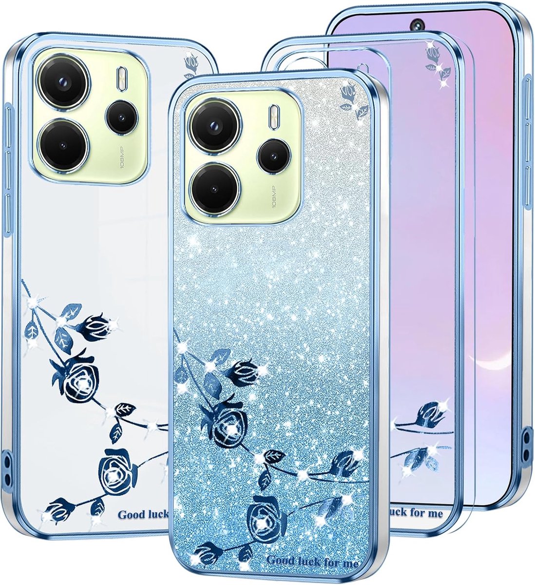 Telefoonhoesje voor Xiaomi Redmi Note 14 4G Hoesje Transparant Kristal Bloemen Luxe voor Vrouwen Meisjes, Bling Schokbestendig Roze Zacht Siliconen Clear Dun Case (Blauw)