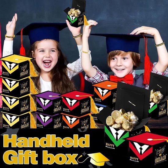 Geschenkdoosjes voor Afstudeerfeest - 24 Stuks, Kleur: Rood, Geel, Oranje, Paars, Groen, Blauw, Met Gouden Flosdraad, 6 x 6 x 6 cm — afbeelding 3