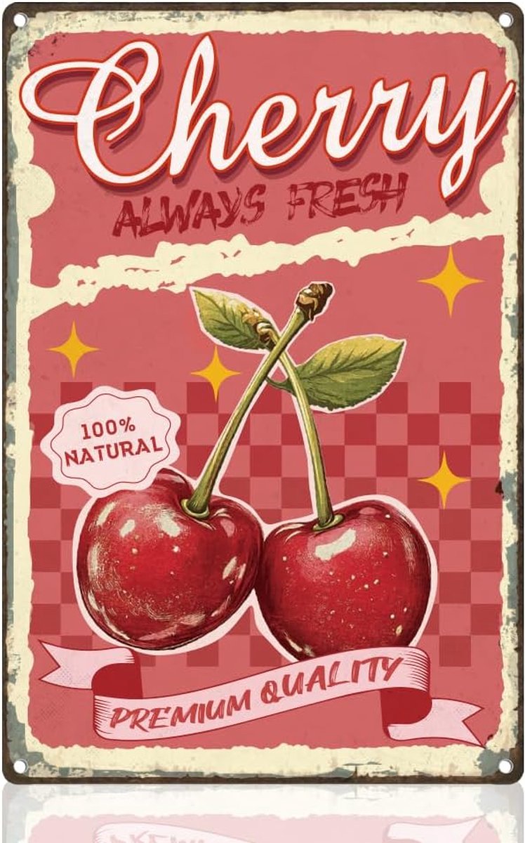retro wanddecoratie metalen tinnen bord kersen altijd vers vintage muurkunst poster fruitwinkel boerderij schuur tuin outdoor clubs thuis koffie decor