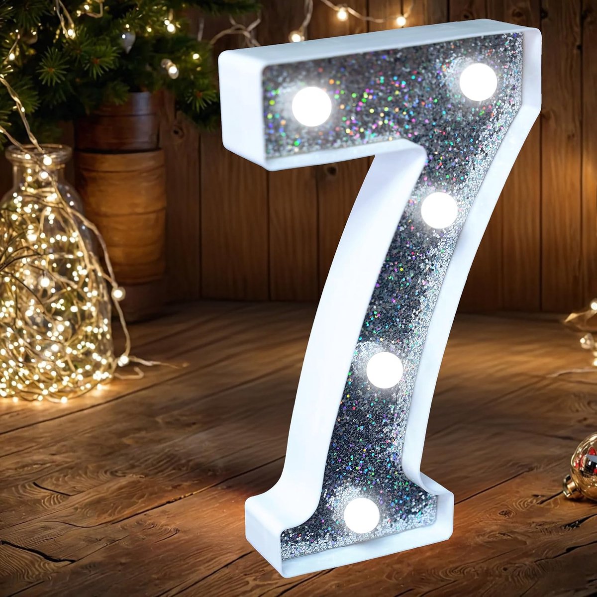 Nummer Light - Light Up Zilver Glitter Nummer Lights Sign Perfect voor gebruik als Nachtlampje of op Bruiloft Verjaardagsfeest Woondecoratie (Nummer 7)